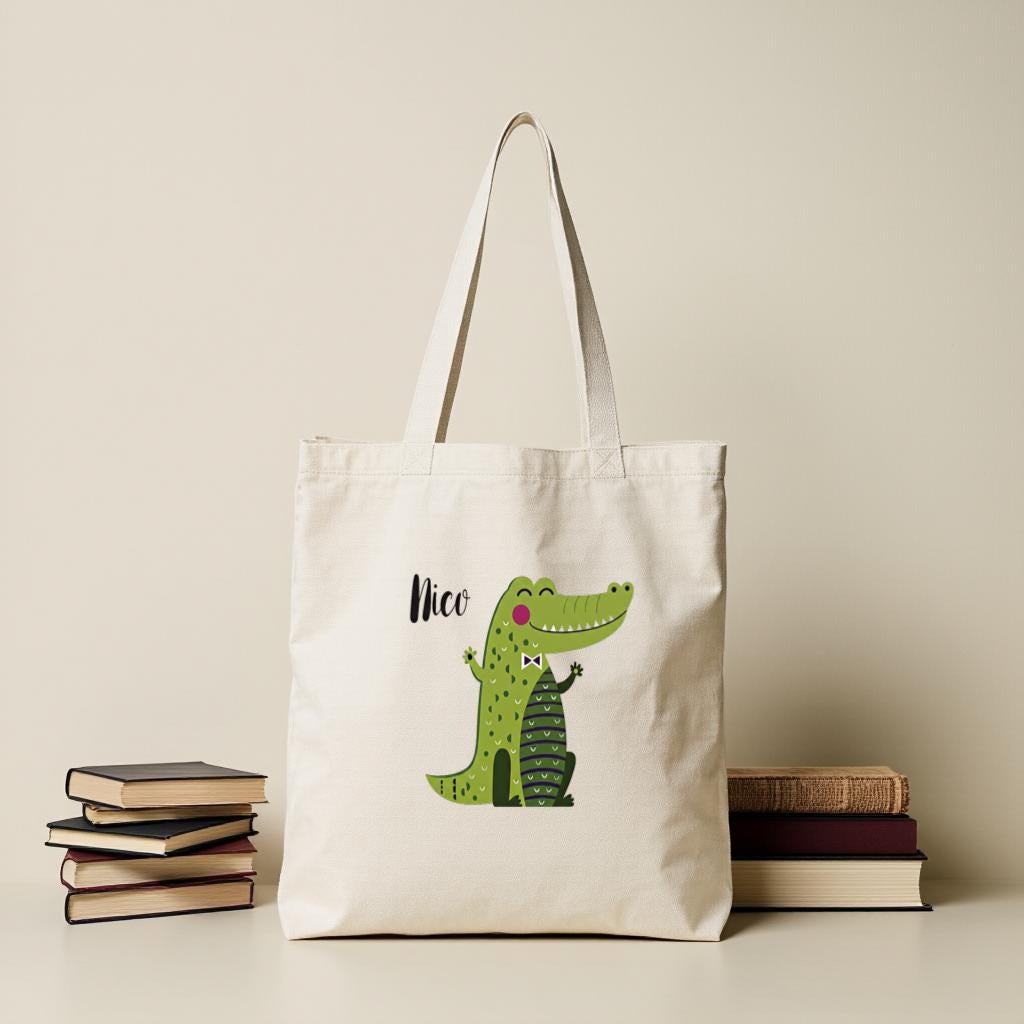 Cute Alligator Tote Bag, Personalized Name Canvas Shoulder Bag for Kids and Teens, Gift for Her
