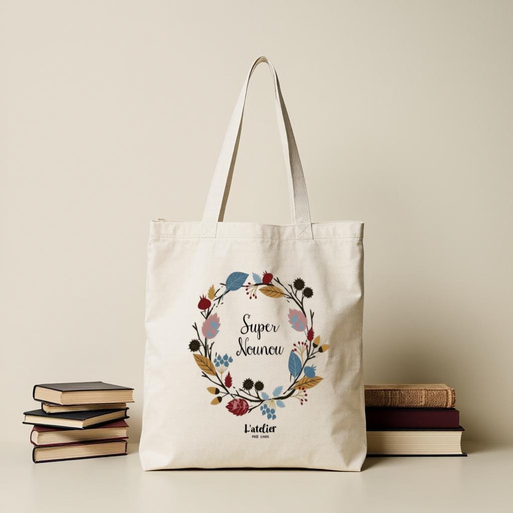 Floral Wreath Canvas Tote Bag, Super Nounou Quote Shopper Bag for Teachers, Gift for Nanny
