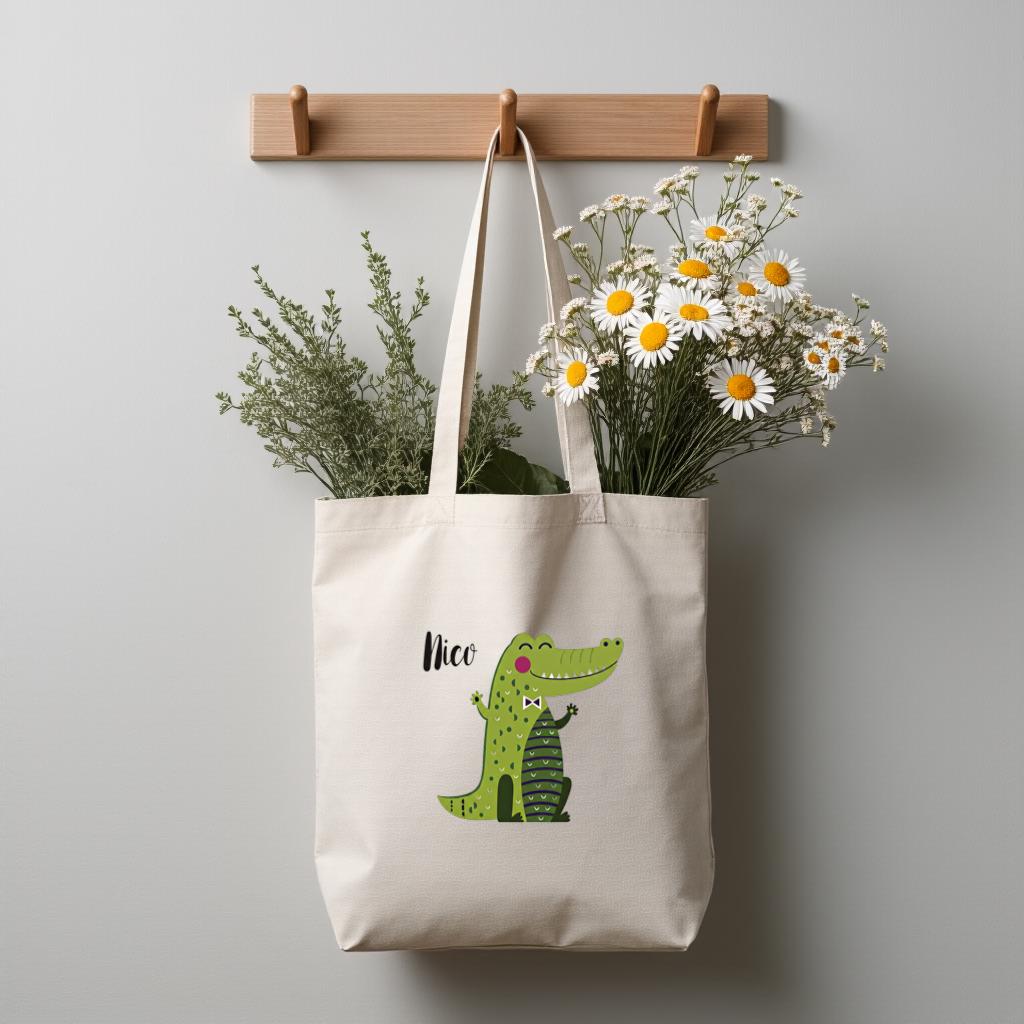 Cute Alligator Tote Bag, Personalized Name Canvas Shoulder Bag for Kids and Teens, Gift for Her