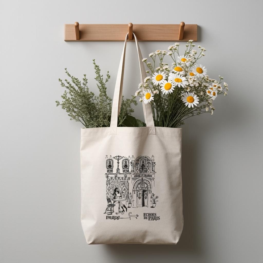 Paris Sketch Tote Bag, Black and White Illustration Canvas Style Shopper, Gift for Travelers, Everyday Use