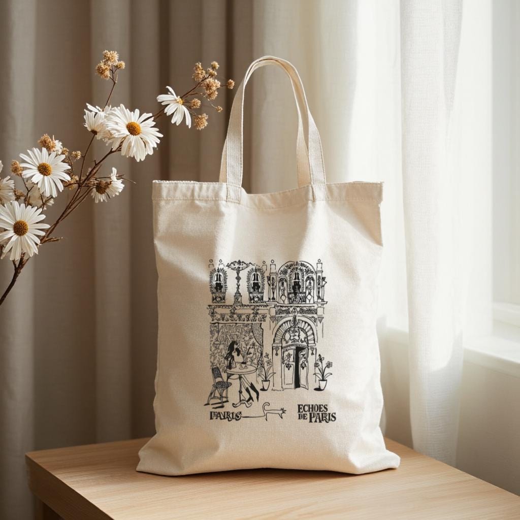 Paris Sketch Tote Bag, Black and White Illustration Canvas Style Shopper, Gift for Travelers, Everyday Use