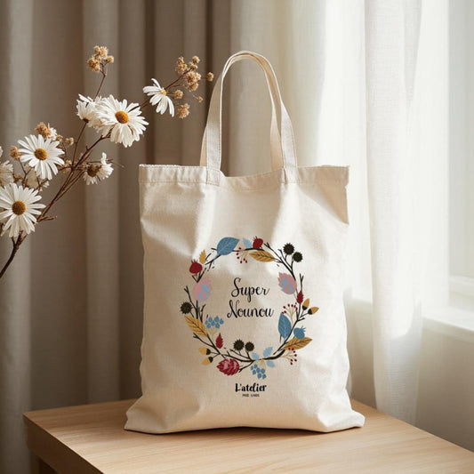 Floral Wreath Canvas Tote Bag, Super Nounou Quote Shopper Bag for Teachers, Gift for Nanny
