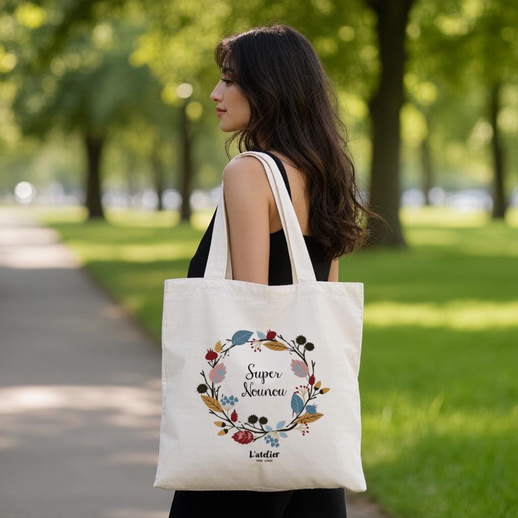 Floral Wreath Canvas Tote Bag, Super Nounou Quote Shopper Bag for Teachers, Gift for Nanny