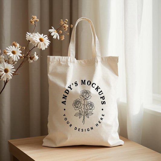 Canvas Tote Bag Mockup, White Shoulder Tote with Floral Logo Design, Product Photo Template for Shop Owners, Everyday Use