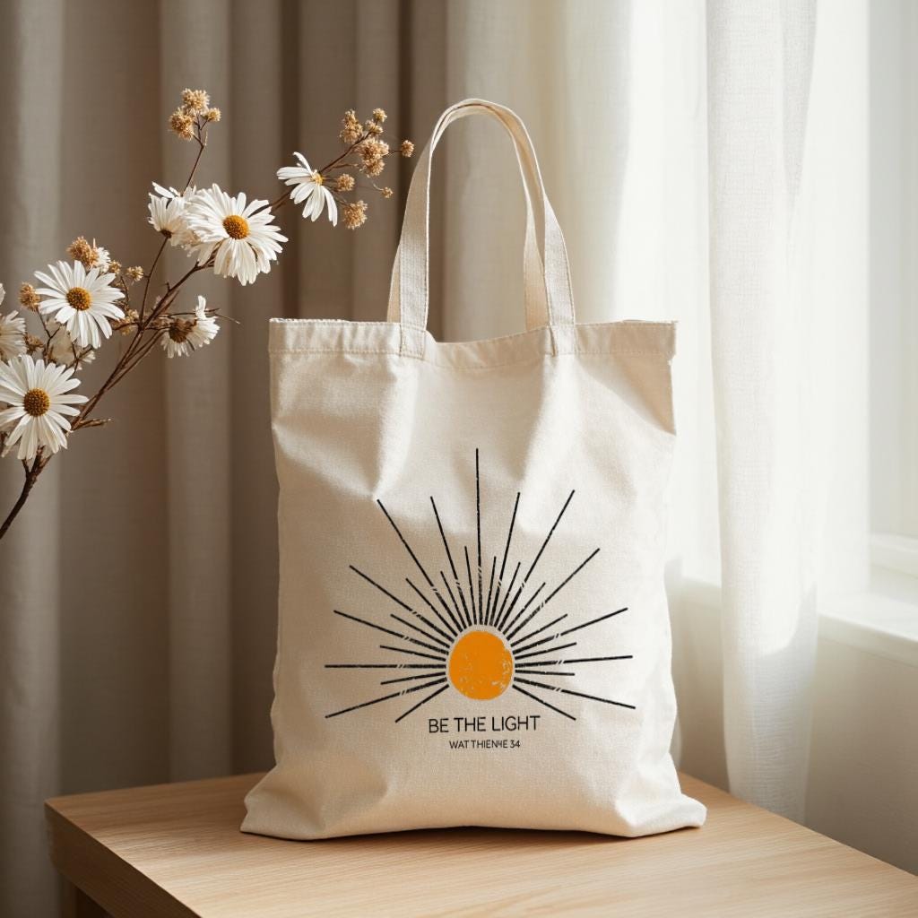 Canvas Tote Bag with Sunburst Graphic, Minimalist Inspirational Quote Tote, Gift for Her, Shopping or Beach Use