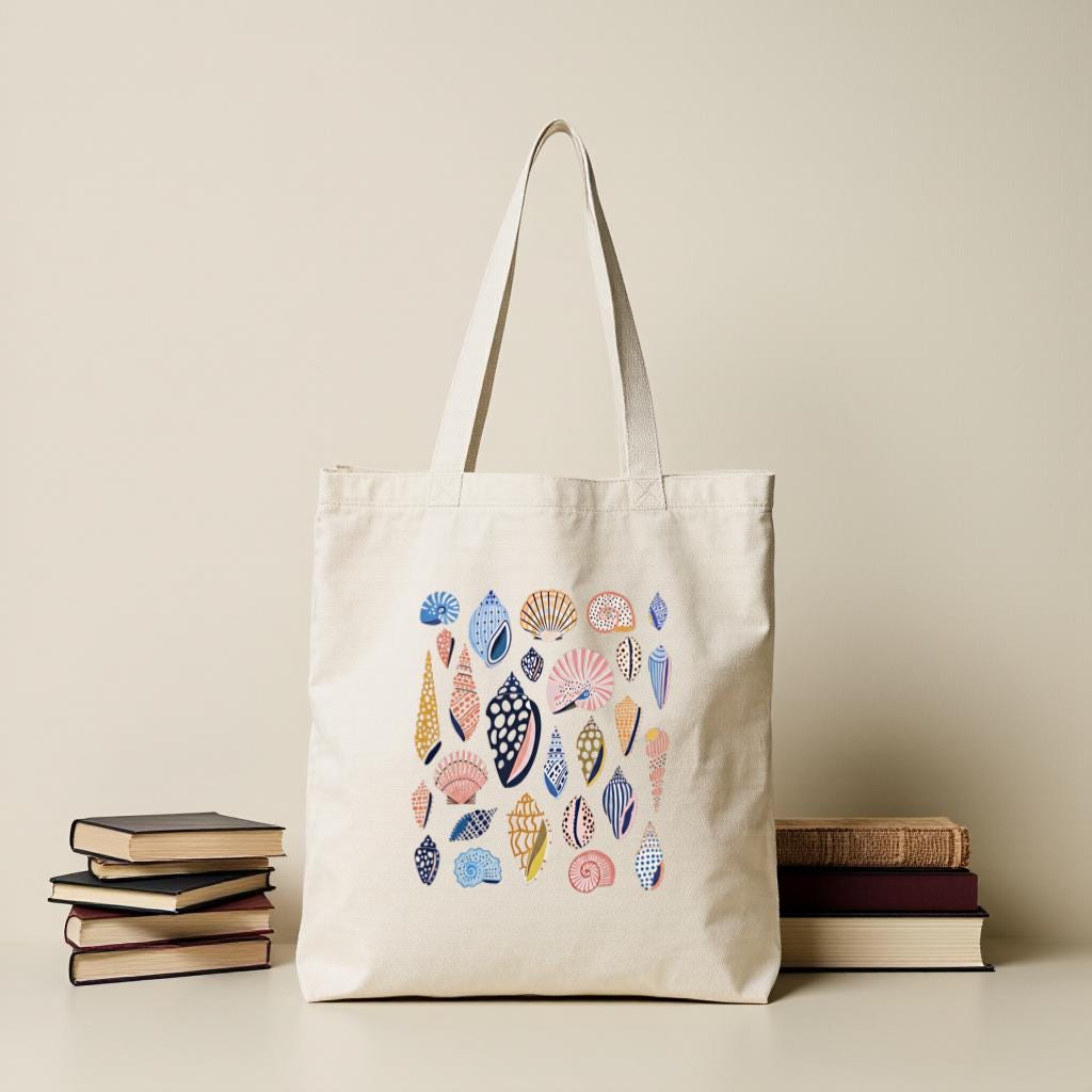 Canvas Tote Bag with Colorful Shell Print, Minimal Beach Shoulder Bag for Women, Gift for Beach Lovers