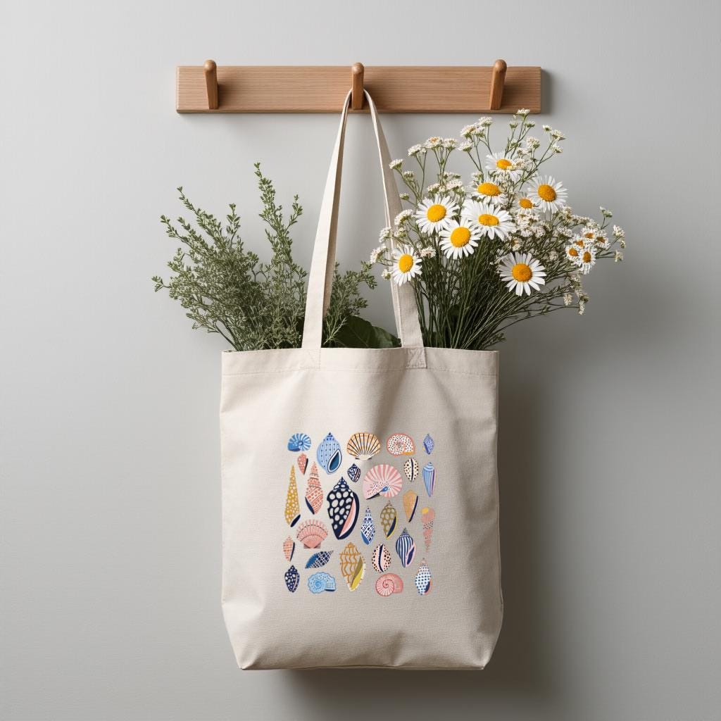 Canvas Tote Bag with Colorful Shell Print, Minimal Beach Shoulder Bag for Women, Gift for Beach Lovers