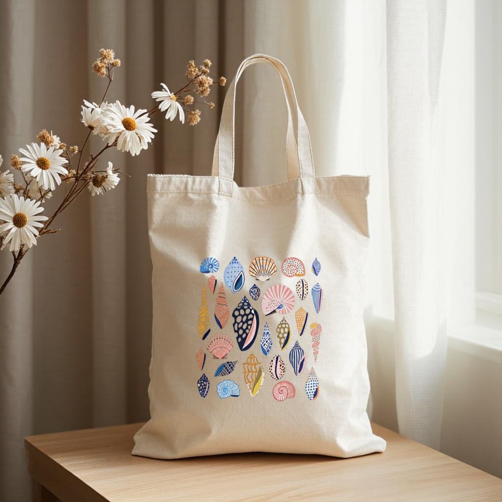 Canvas Tote Bag with Colorful Shell Print, Minimal Beach Shoulder Bag for Women, Gift for Beach Lovers