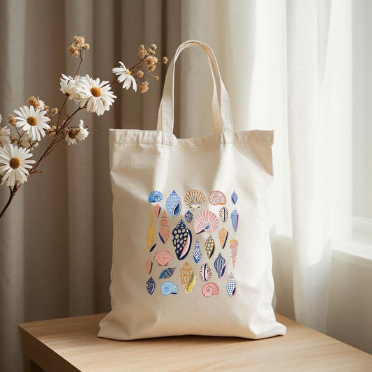 Canvas Tote Bag with Colorful Shell Print, Minimal Beach Shoulder Bag for Women, Gift for Beach Lovers