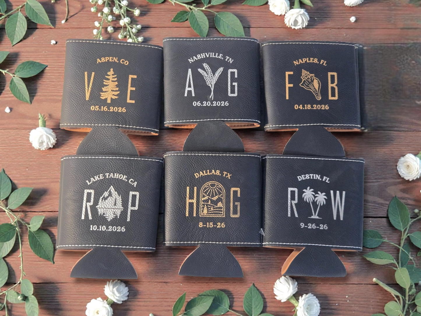 Bulk Wedding Cozies, Custom Engraved Leatherette Cozie Beverage Holder, Personalized Wedding Guest Favors, Gold/Silver/Gray/Rawhide/Brown