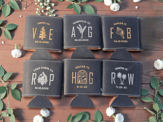 Bulk Wedding Cozies, Custom Engraved Leatherette Cozie Beverage Holder, Personalized Wedding Guest Favors, Gold/Silver/Gray/Rawhide/Brown