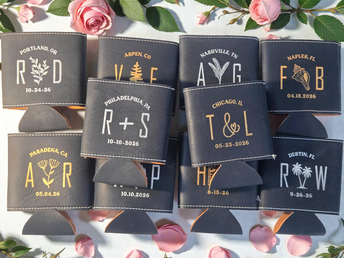 Bulk Wedding Cozies, Custom Engraved Leatherette Cozie Beverage Holder, Personalized Wedding Guest Favors, Gold/Silver/Gray/Rawhide/Brown