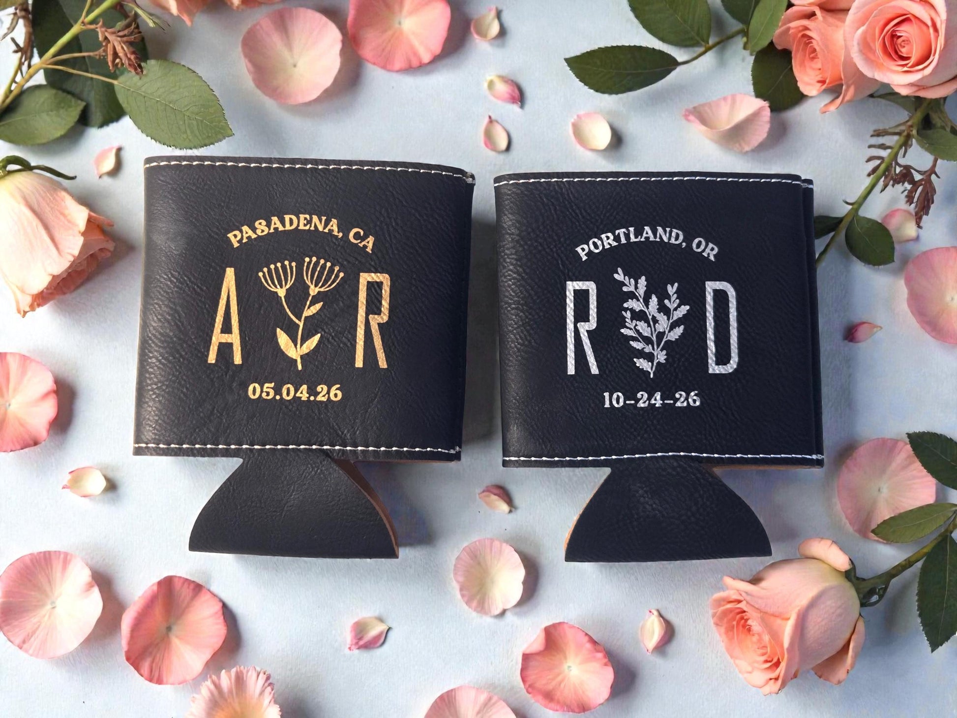 Botanical Wedding Favors, Engraved Leatherette Can Cozie Beverage Holder, Personalized Wedding Guest Favor, Gold/Silver/Brown/Rawhide/Gray