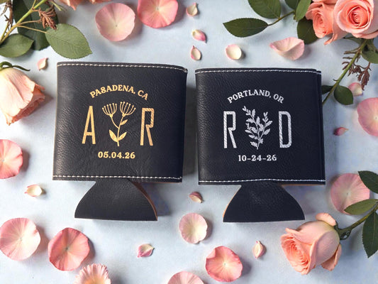 Botanical Wedding Favors, Engraved Leatherette Can Cozie Beverage Holder, Personalized Wedding Guest Favor, Gold/Silver/Brown/Rawhide/Gray