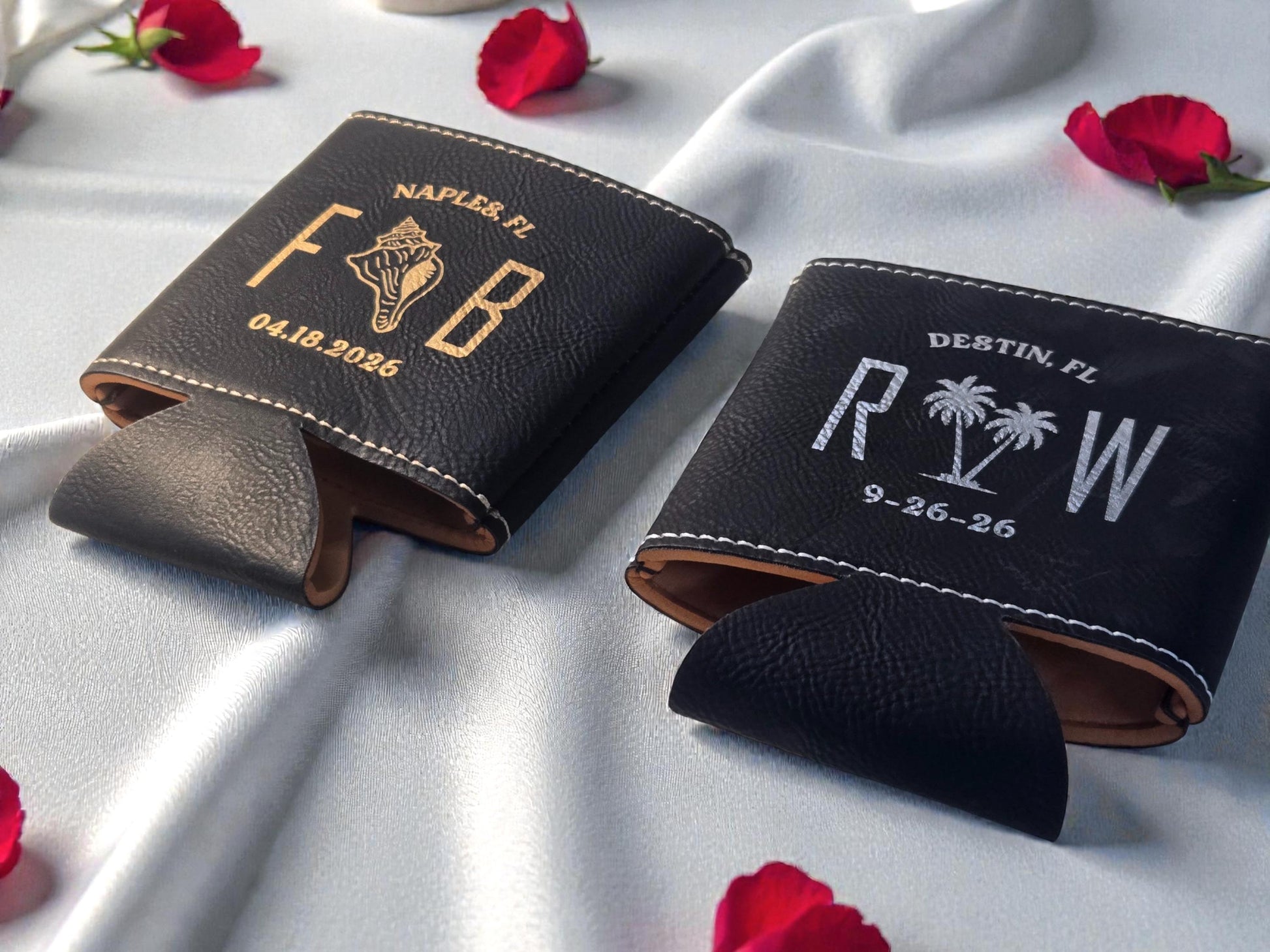 Beach Wedding Favors, Custom Engraved Leather Can Cozie Beverage Holder, Personalized Wedding Guest Favor, Gold/Silver/Brown/Rawhide/Gray