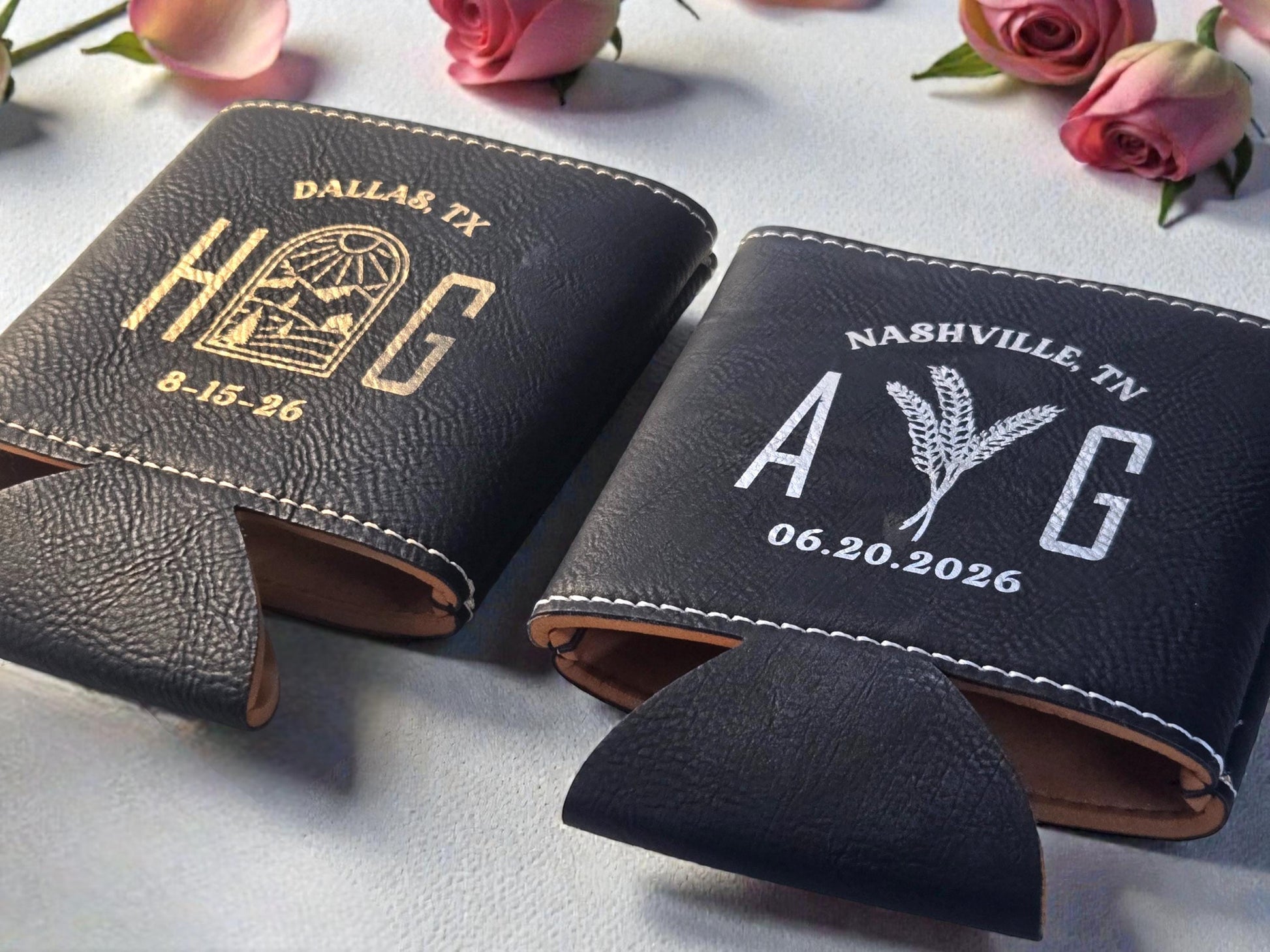 Farm Wedding Favors, Custom Engraved Leatherette Can Cozie Beverage Holder, Personalized Wedding Guest Favor, Gold/Silver/Gray/Rawhide/Brown