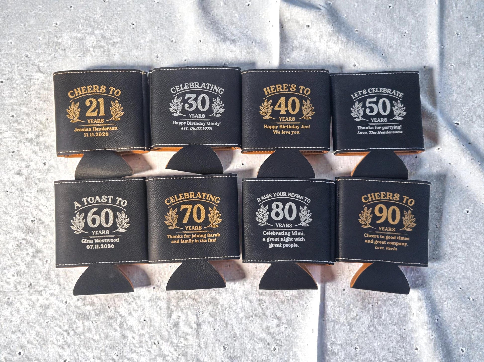 Milestone Birthday Party Favors, Personalized Engraved Leatherette Can Holder, Bulk Party Favor Gift, Gold/Silver/Gray/Rawhide/Brown