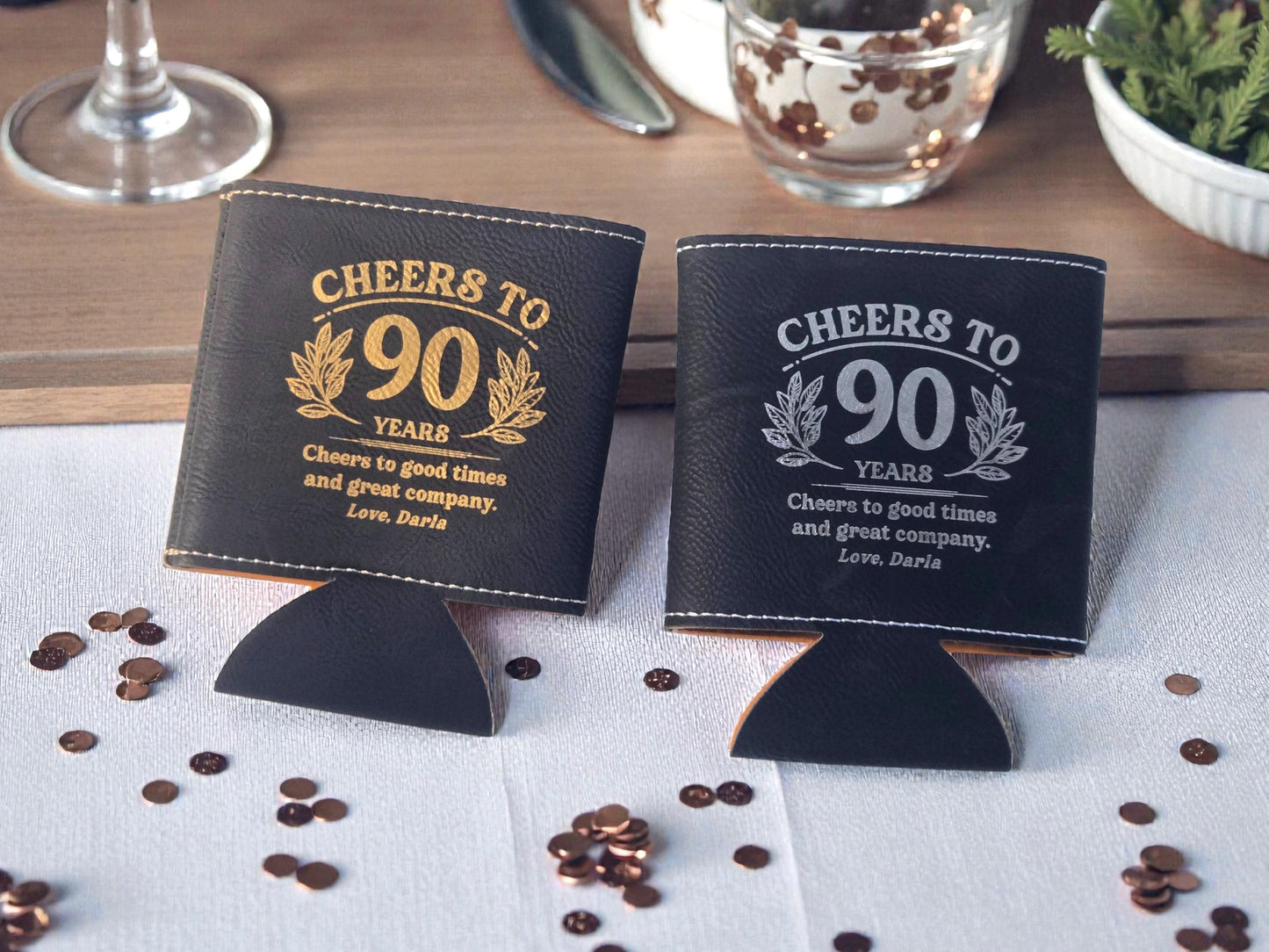 90th Birthday Party Favors, Personalized Engraved Leatherette Can Holder, Bulk Party Favor Gift, Gold/Silver/Gray/Rawhide/Brown
