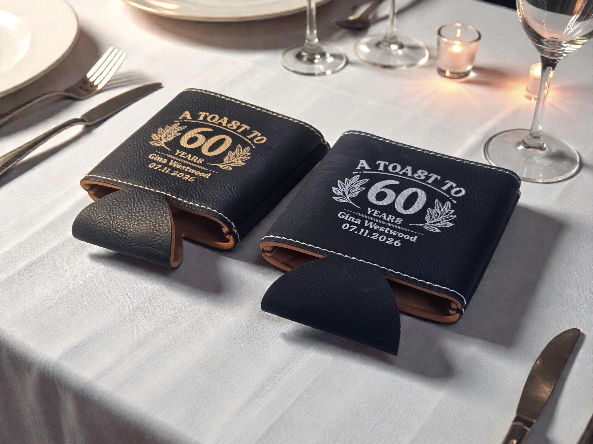 60th Birthday Party Favors, Personalized Engraved Leatherette Can Holder, Bulk Party Favor Gift, Custom Celebratory Gifts