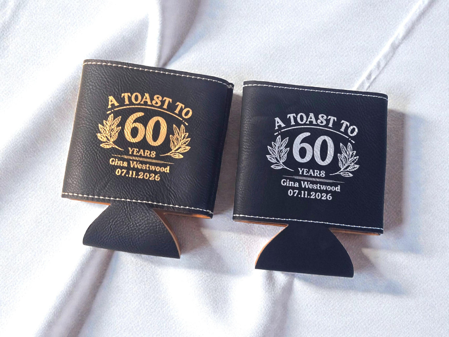 60th Birthday Party Favors, Personalized Engraved Leatherette Can Holder, Bulk Party Favor Gift, Custom Celebratory Gifts