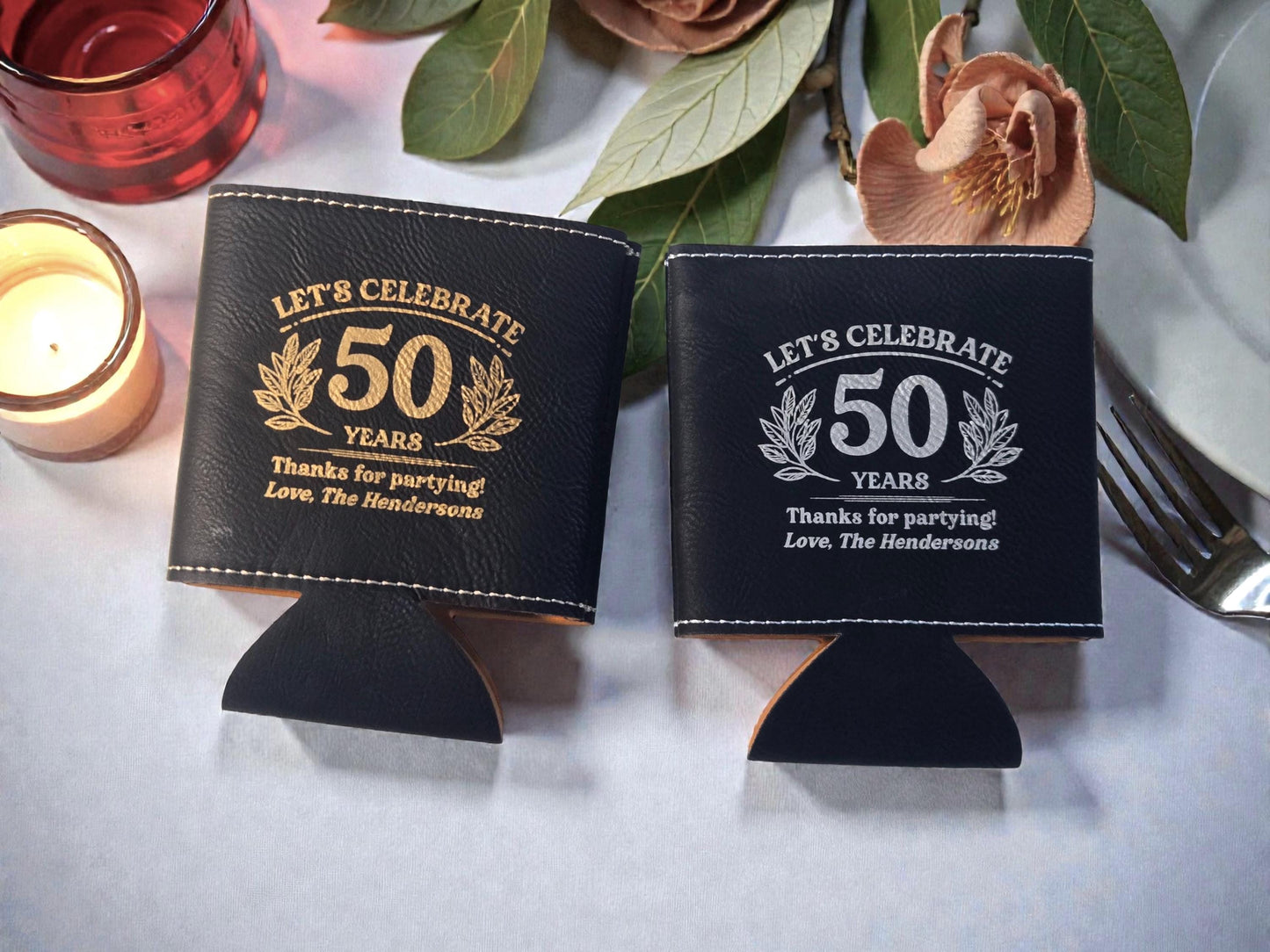 50th Birthday Party Favors, Personalized Engraved Leatherette Can Holder, Bulk Party Favor Gift, Gold/Silver/Rawhide/Gray/Brown