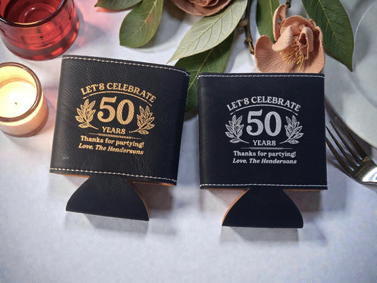 50th Birthday Party Favors, Personalized Engraved Leatherette Can Holder, Bulk Party Favor Gift, Gold/Silver/Rawhide/Gray/Brown