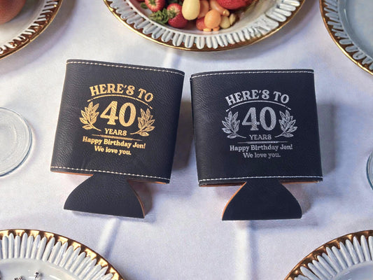 40th Birthday Party Favors, Personalized Engraved Leatherette Can Holder, Bulk Party Favor Gift, Gold/Silver/Brown/Rawhide/Gray