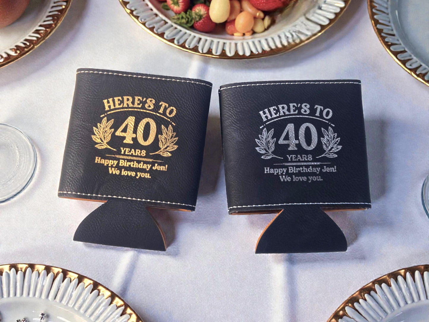 40th Birthday Party Favors, Personalized Engraved Leatherette Can Holder, Bulk Party Favor Gift, Custom Celebratory Gifts