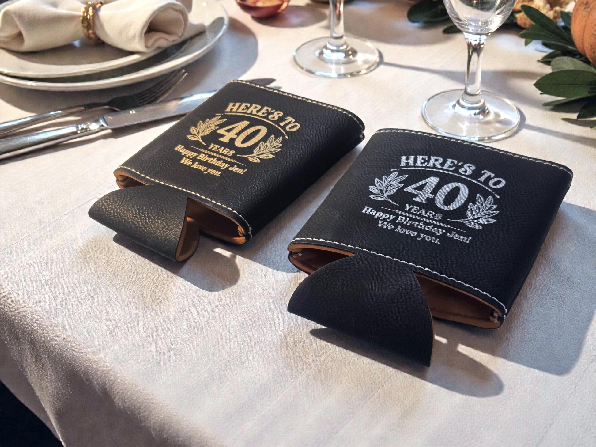 40th Birthday Party Favors, Personalized Engraved Leatherette Can Holder, Bulk Party Favor Gift, Gold/Silver/Brown/Rawhide/Gray