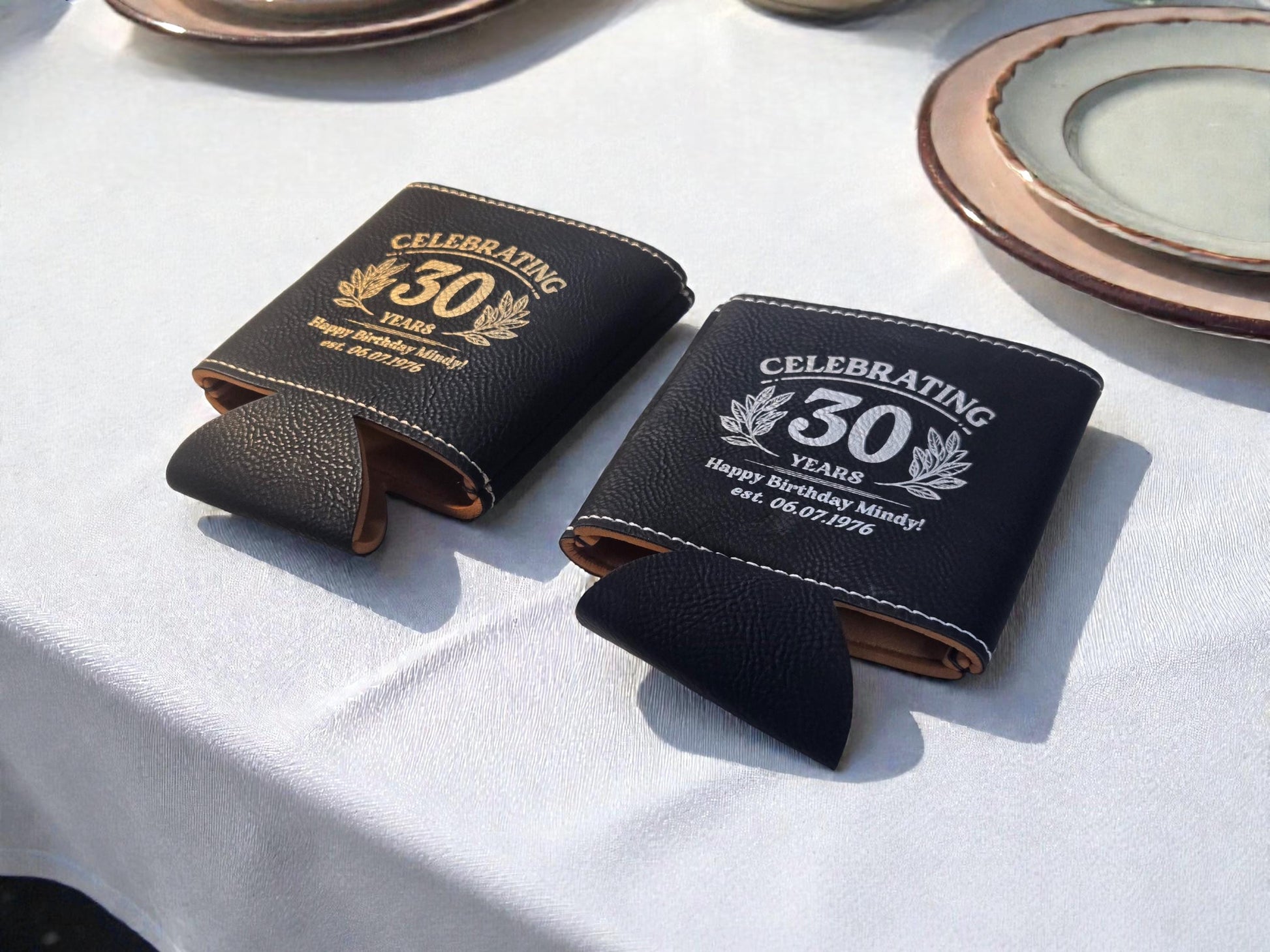 30th Birthday Party Favors, Personalized Engraved Leatherette Can Holder, Bulk Party Favor Gift, Custom Celebratory Gifts