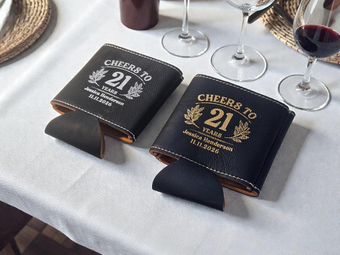 21st Birthday Party Favors, Personalized Engraved Leatherette Can Holder, Bulk Party Favor Gift, Custom Celebratory Gifts