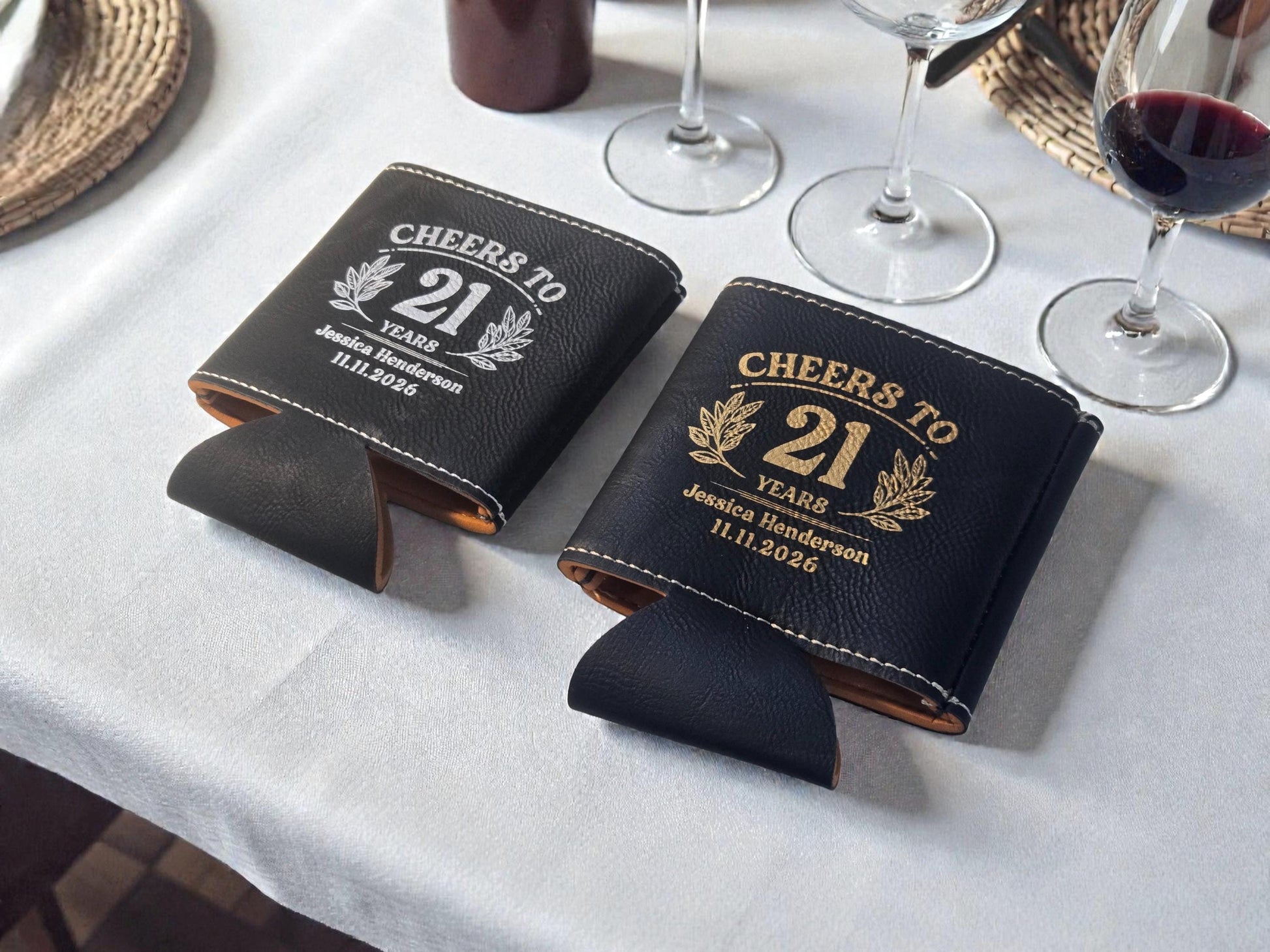 21st Birthday Party Favors, Personalized Engraved Leatherette Can Holder, Bulk Party Favor Gift, Custom Celebratory Gifts