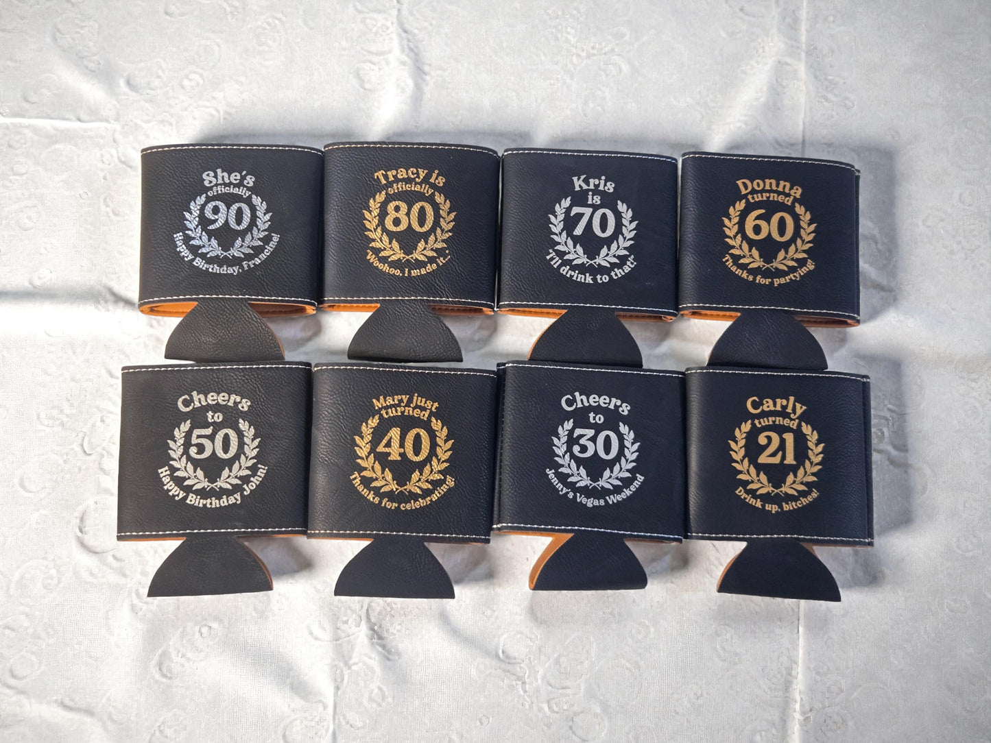 Milestone Birthday Party Favors, Custom Engraved Leatherette Can Holder, Bulk Party Favor Gift, Gold/Silver/Rawhide/Gray/Brown