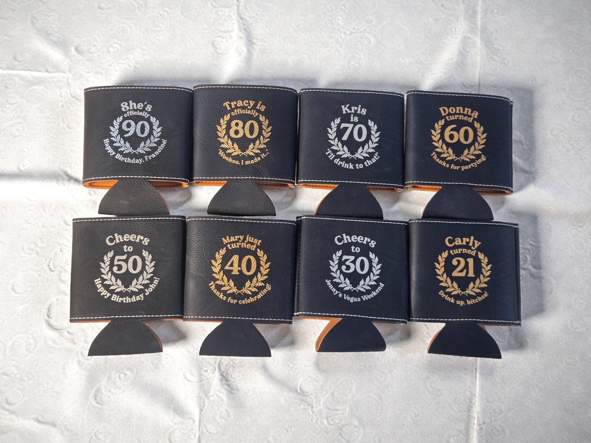 Milestone Birthday Party Favors, Custom Engraved Leatherette Can Holder, Bulk Party Favor Gift, Gold/Silver/Rawhide/Gray/Brown