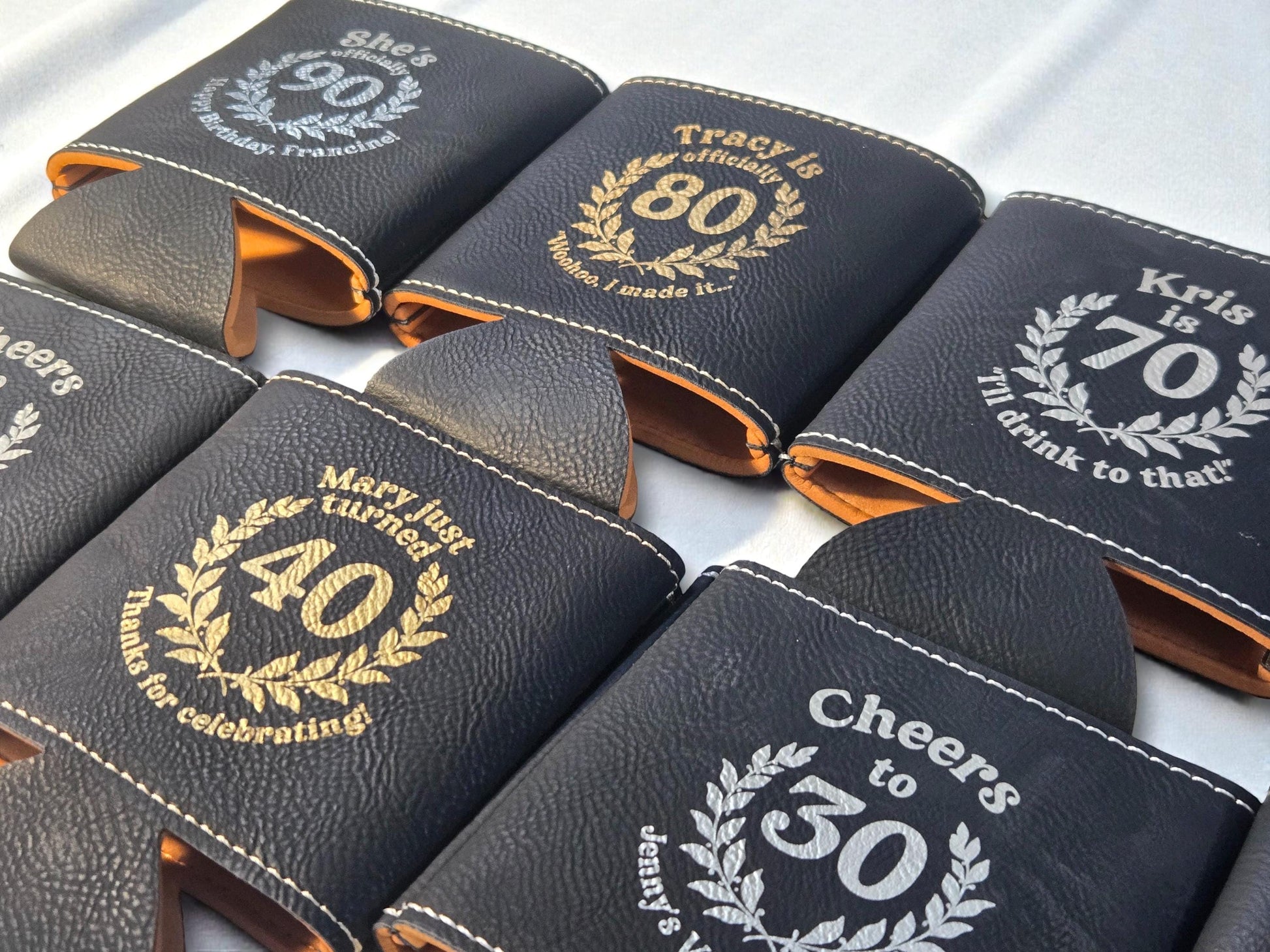 Milestone Birthday Party Favors, Custom Engraved Leatherette Can Holder, Bulk Party Favor Gift, Gold/Silver/Rawhide/Gray/Brown