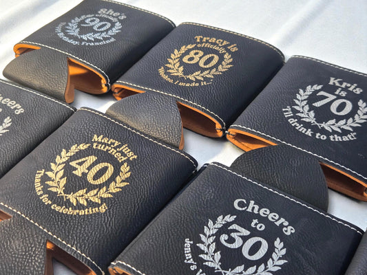 Milestone Birthday Party Favors, Custom Engraved Leatherette Can Holder, Bulk Party Favor Gift, Gold/Silver/Rawhide/Gray/Brown