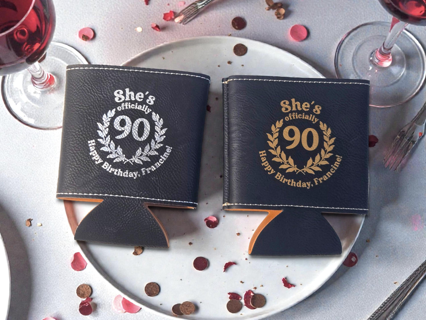 90th Birthday Party Favors, Custom Engraved Leatherette Can Holder, Bulk Party Favor Gift, Silver/Gold/Brown/Gray/Rawhide