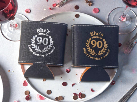 90th Birthday Party Favors, Custom Engraved Leatherette Can Holder, Bulk Party Favor Gift, Silver/Gold/Brown/Gray/Rawhide