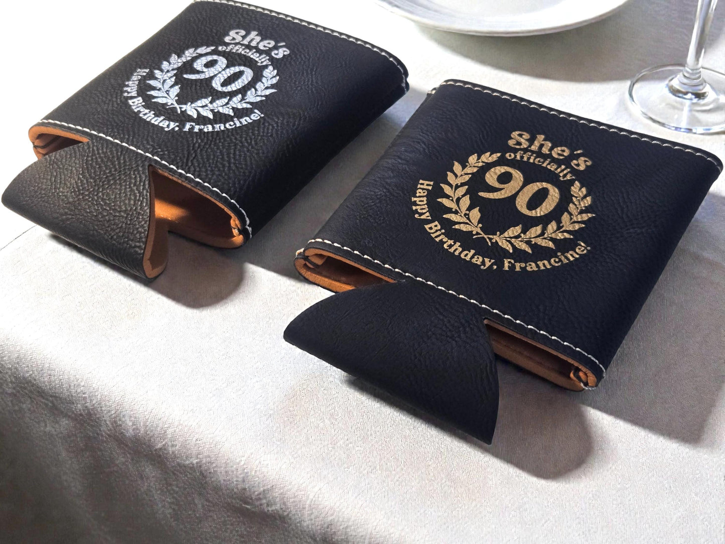 90th Birthday Party Favors, Custom Engraved Leatherette Can Holder, Bulk Party Favor Gift, Silver/Gold/Brown/Gray/Rawhide