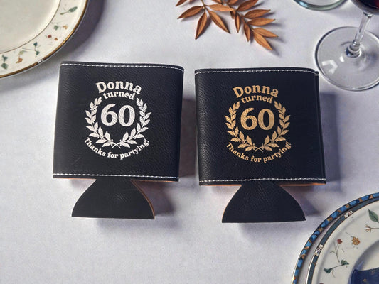 60th Birthday Party Favors, Custom Engraved Leatherette Can Holder, Bulk Party Favor Gift, Silver/Gold/Gray/Brown/Rawhide