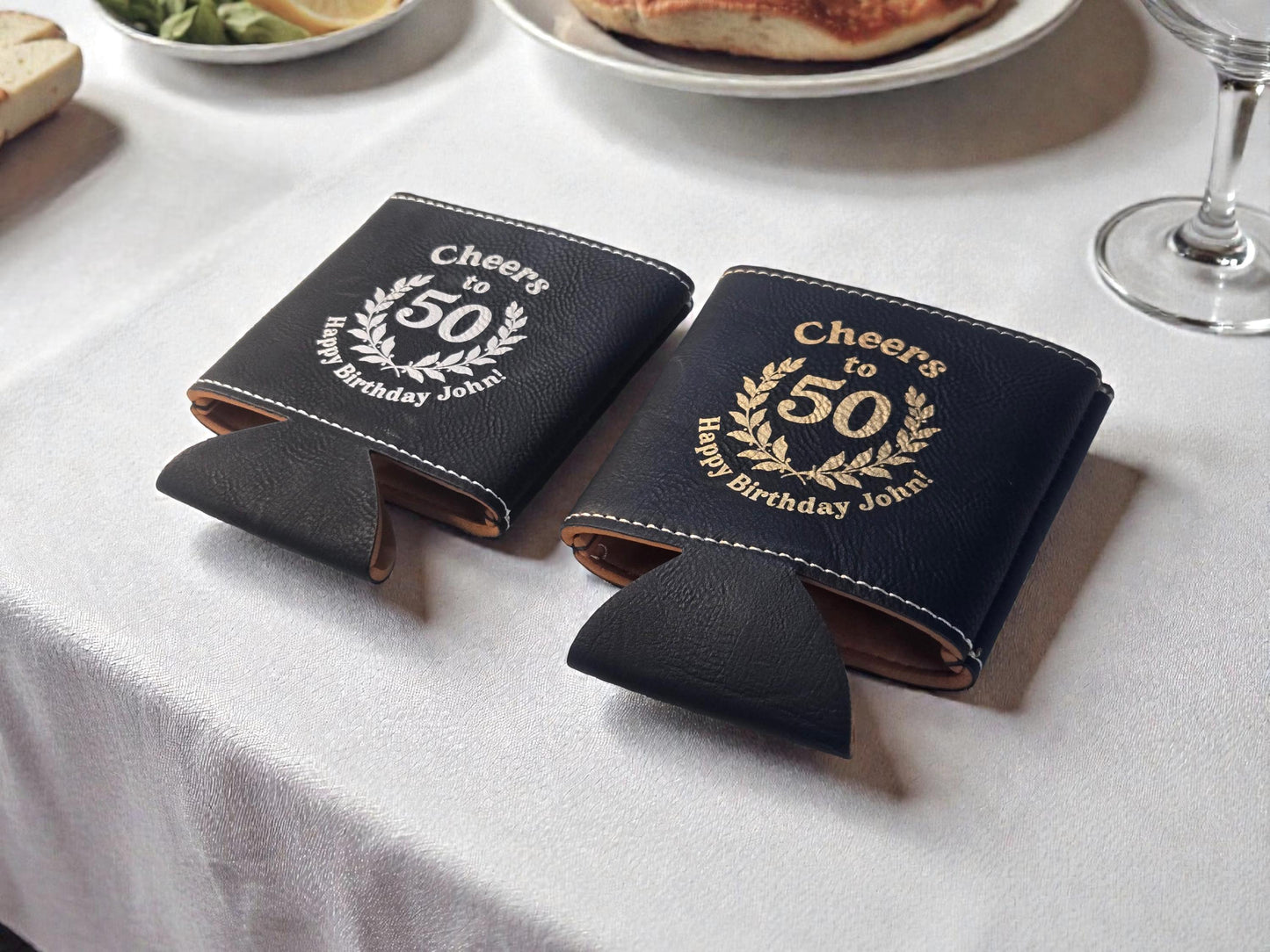 50th Birthday Party Favors, Custom Engraved Leatherette Can Holder, Bulk Party Favor Gift, Gold/Silver/Gray/Brown/Rawhide
