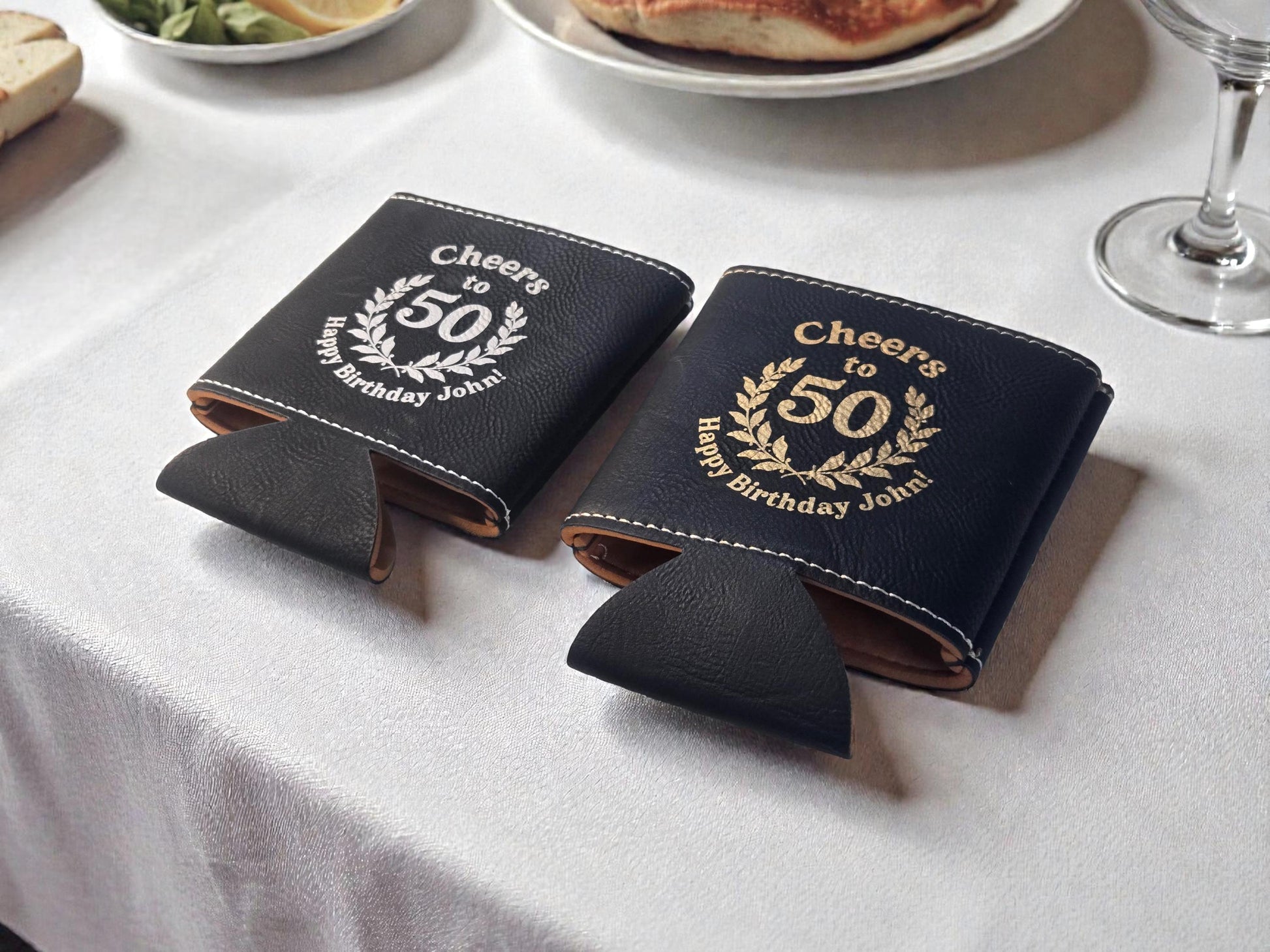 50th Birthday Party Favors, Custom Engraved Leatherette Can Holder, Bulk Party Favor Gift, Gold/Silver/Gray/Brown/Rawhide