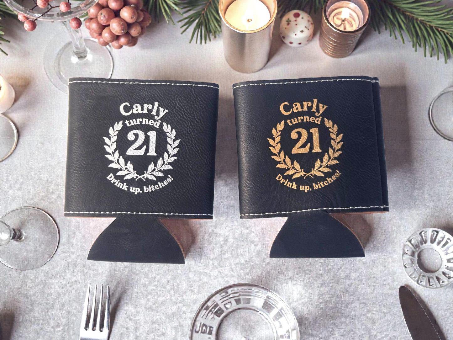 21st Birthday Party Favors, Custom Engraved Leatherette Can Holder, Bulk Party Favor Gift, Silver/Gold/Rawhide/Brown/Gray