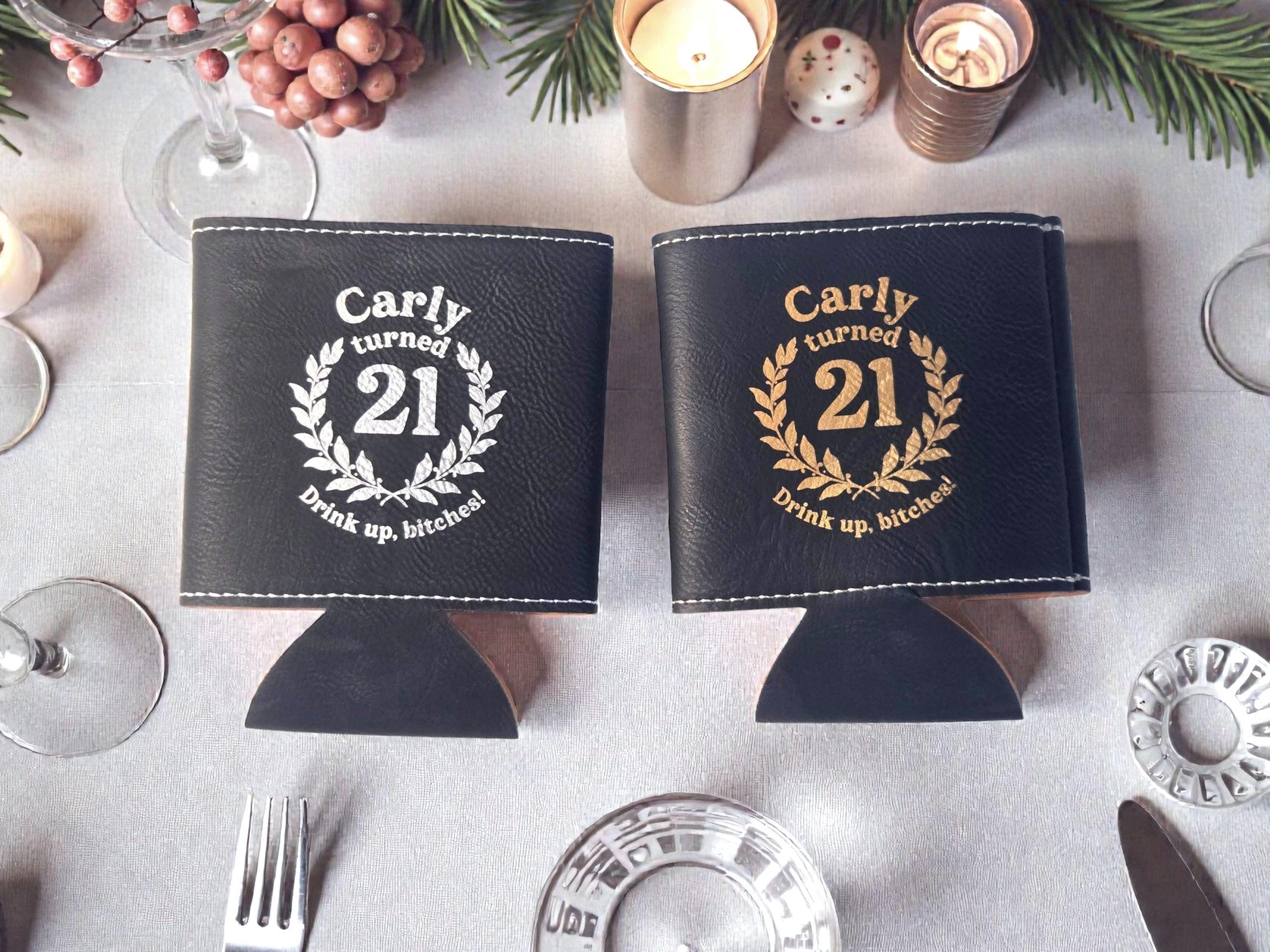21st Birthday Party Favors, Custom Engraved Leatherette Can Holder, Bulk Party Favor Gift, Silver/Gold/Rawhide/Brown/Gray