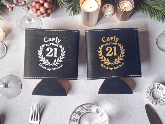 21st Birthday Party Favors, Custom Engraved Leatherette Can Holder, Bulk Party Favor Gift, Silver/Gold/Rawhide/Brown/Gray