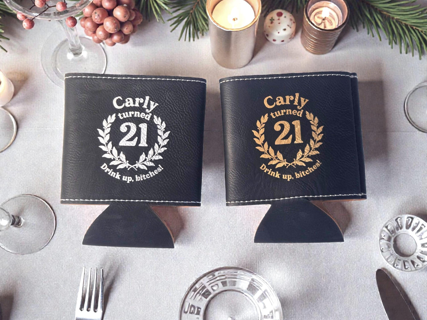 21st Birthday Party Favors, Custom Engraved Leatherette Can Holder, Bulk Party Favor Gift, Personalized Celebratory Gifts