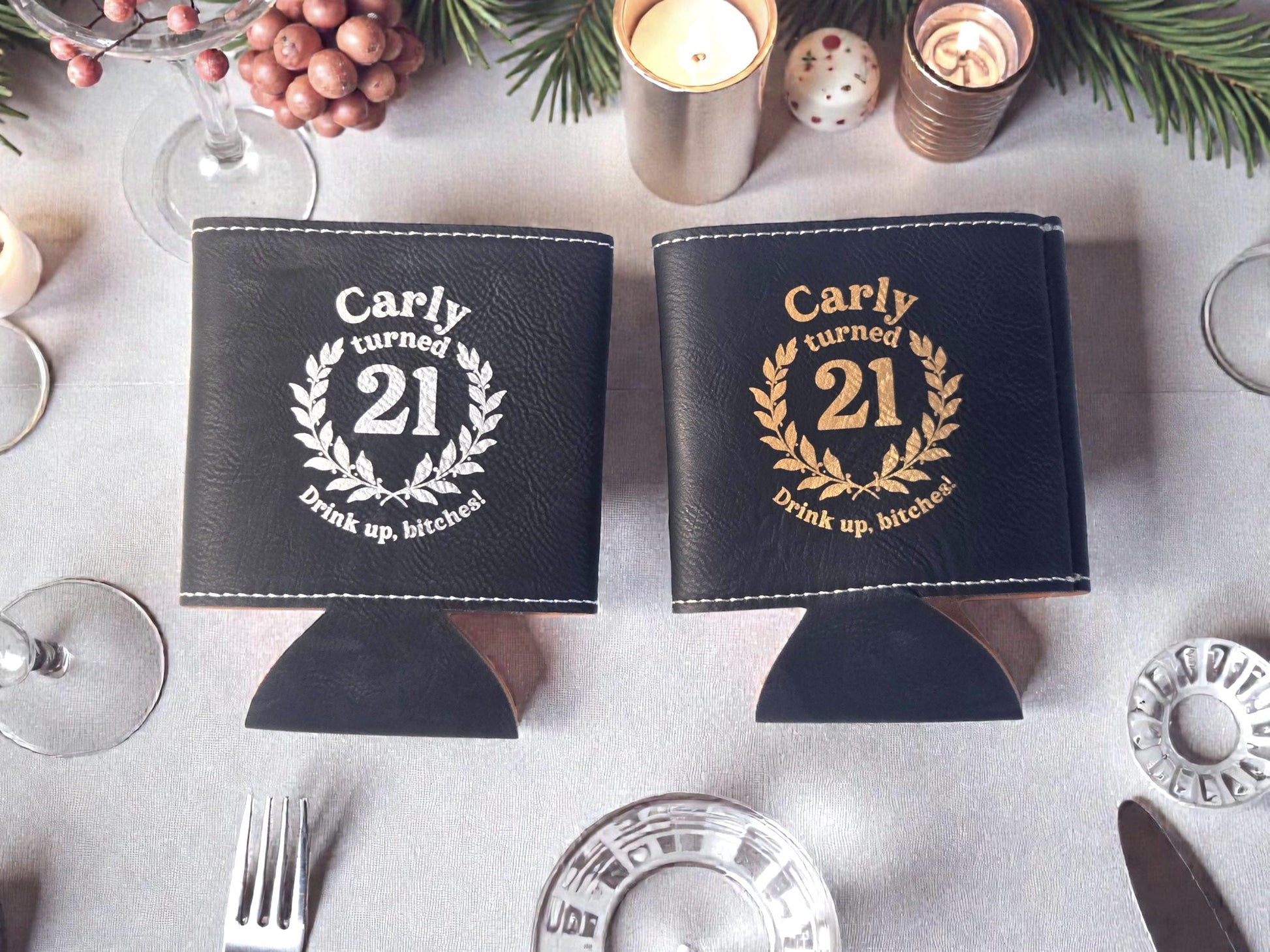21st Birthday Party Favors, Custom Engraved Leatherette Can Holder, Bulk Party Favor Gift, Personalized Celebratory Gifts