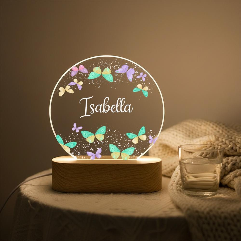 Personalized butterfly acrylic night light with name, LED lamp on wooden base, nursery bedside decor, custom kids room gift