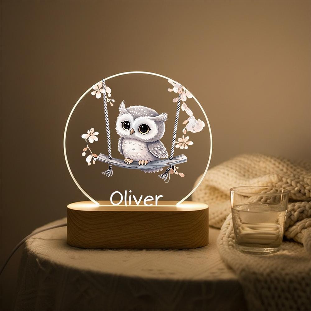 Personalized Owl Night Light Acrylic Lamp with Name, Wooden Base Nursery Decor, Baby Shower Gift, Kids Bedroom Bedside LED