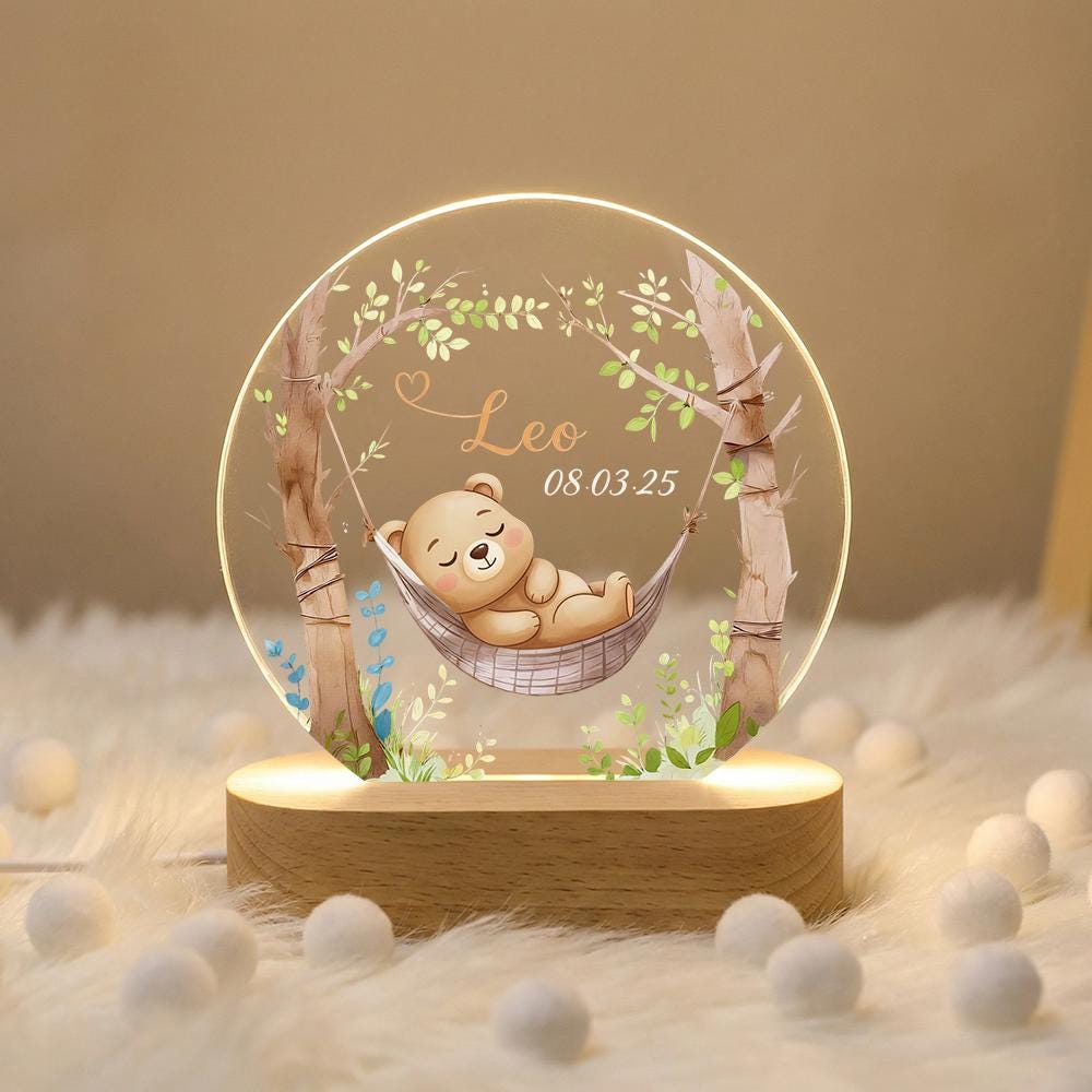 Personalized acrylic night light with wooden base, baby nursery name date keepsake, sleeping bear hammock design, newborn shower gift